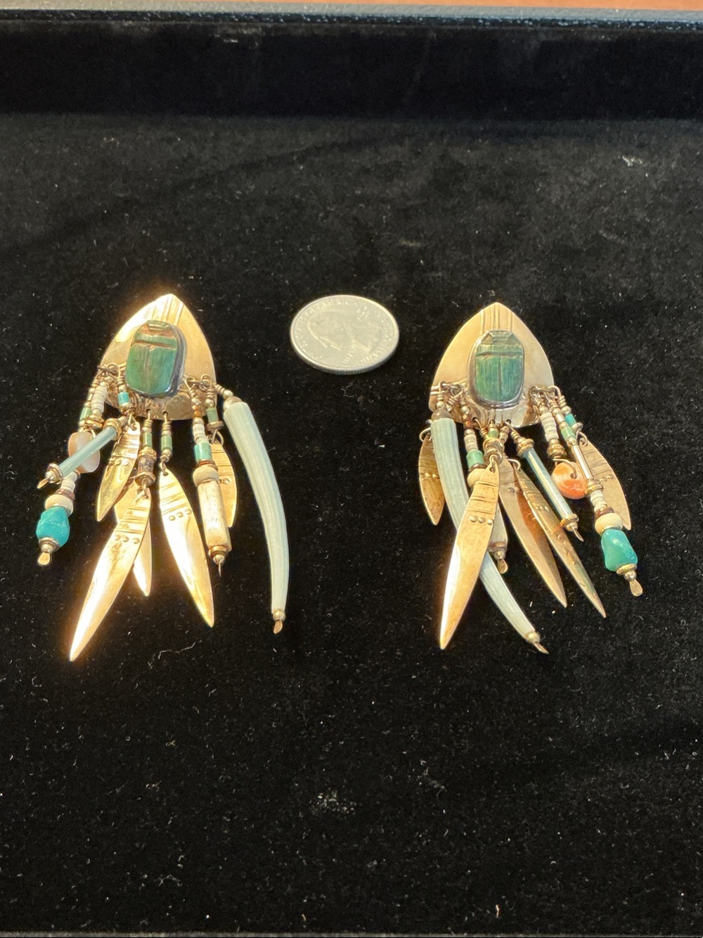 Vintage Egyptian Revival Scarab and Turquoise Statement Earrings
